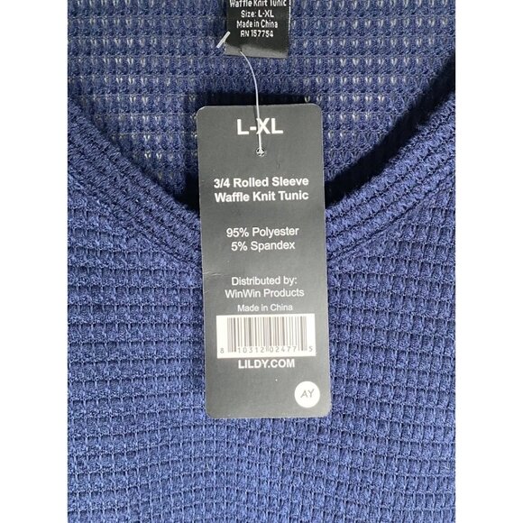 NWT Lildy Waffle Knit Tunic Womens L-XL Navy Blue 3/4 Rolled Sleeve - Picture 2 of 12